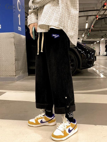 Corduroy Trend Wide Leg Pants Men 2023 Autumn Winter New Preppy Patch Design Korean Casual Sports Pants Loose Straight Trousers aidase-shop